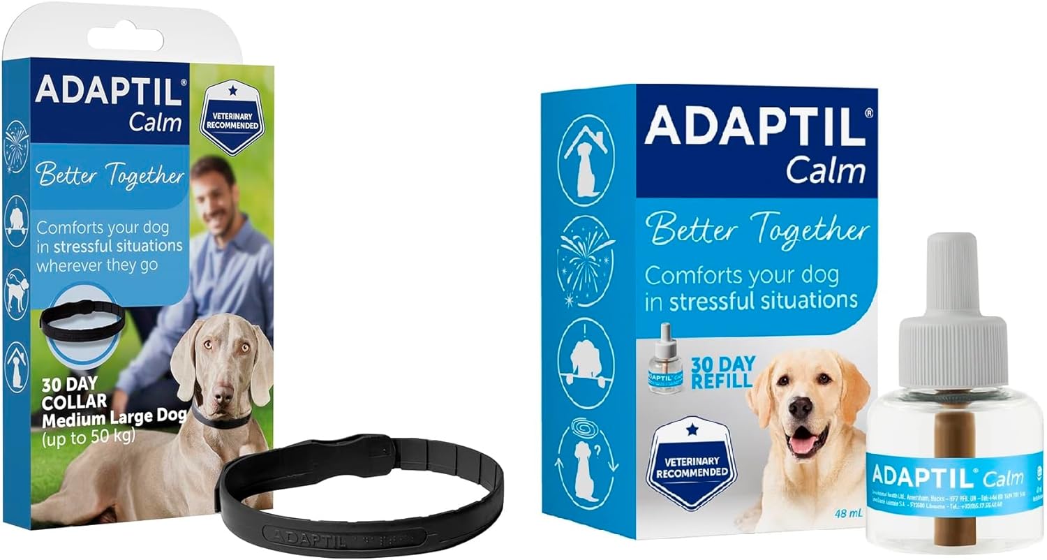 ADAPTIL Calm On-the-Go Collar, helps dogs cope with stress and anxiety related behavioural issues, Medium/Large Dogs & Calm 30 day Refill, helps dog cope with behavioural issues and challenges, 48ml