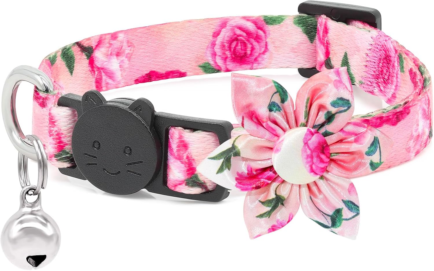 Cat Bowtie Collar Floral Rose Flower Cat Collar with Bells Breakaway Kitten Puppy Collar Pink Cat Collars for Girl Cats(Rose Pink)