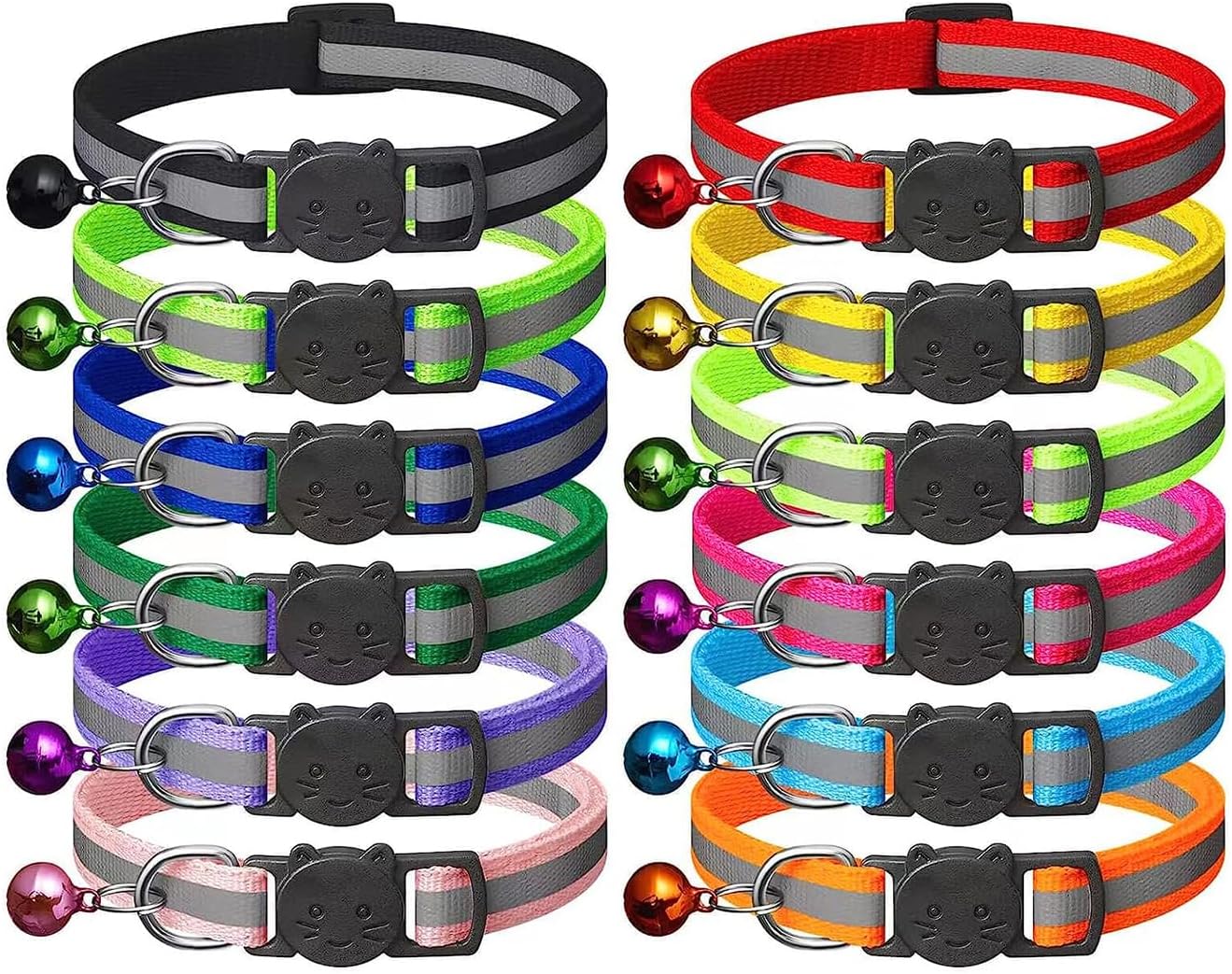 Cat Collar Quick Release with Bell- Reflective Safe Collars- Adjustable Cat Bells and Safety Buckle, Kitten Collar (12 Pack) (Mix Color)