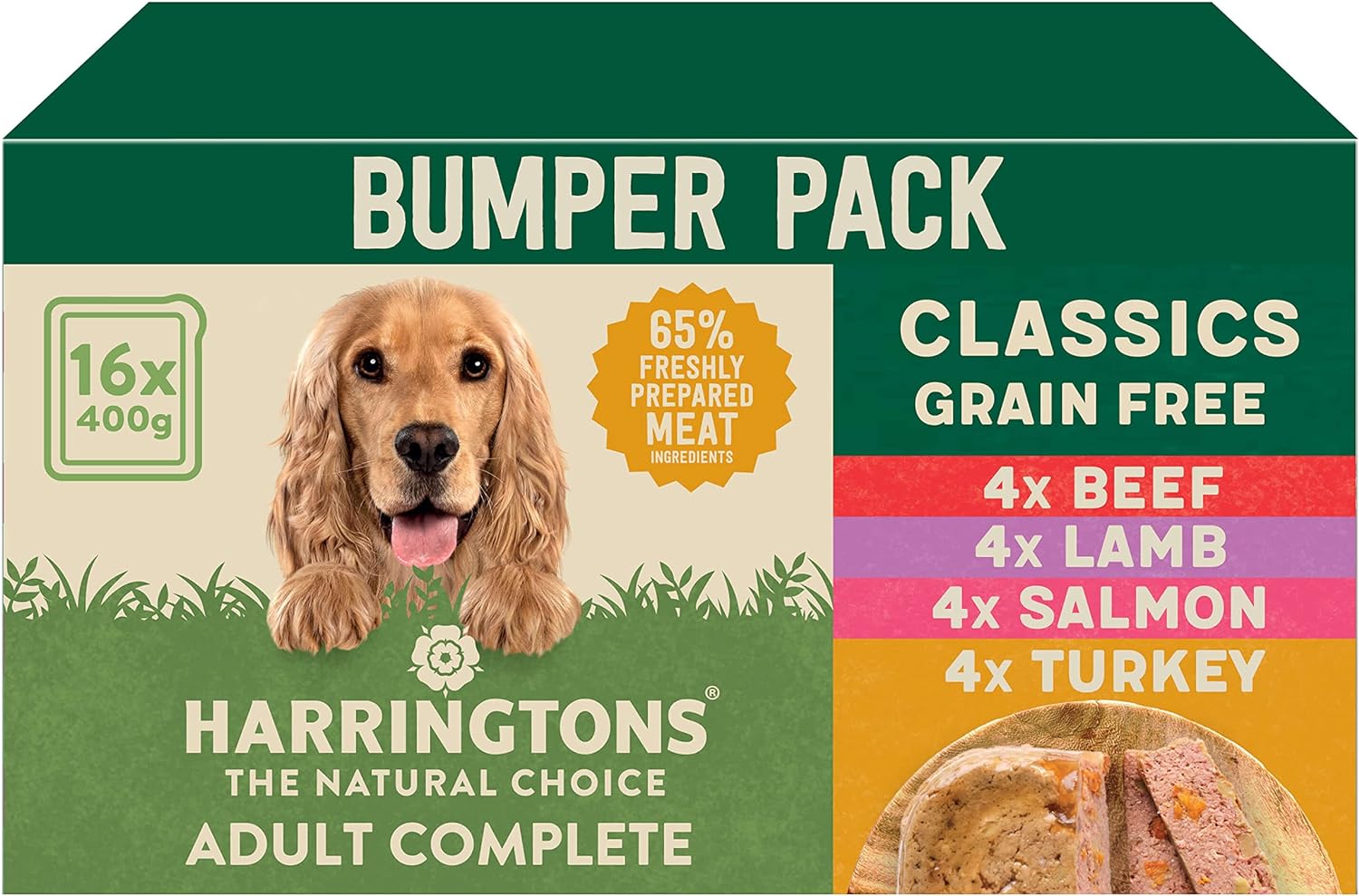 Harringtons Complete Wet Tray Grain Free Hypoallergenic Adult Dog Food Classics Bumper Pack 16x400g - Beef, Lamb, Salmon & Turkey- Made with All Natural Ingredients